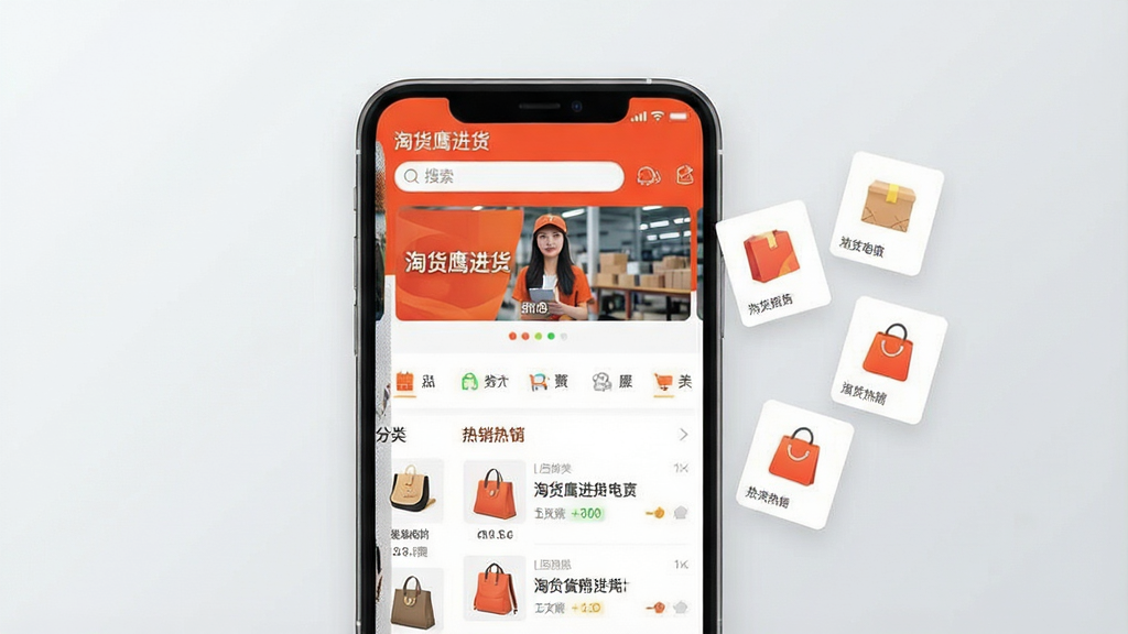 一张手机应用界面展示图,画面中央是一部竖屏智能手机,屏幕内呈现电商进货类APP首页布局,顶部搜索框、中部轮播横幅、下方商品分类网格与热销商品列表,界面配色以橙红与白色为主,画面右侧漂浮几个商品小卡片和购物袋图标,整体风格简洁现代,背景为浅灰色渐变,画质清晰干净,无多余元素,屏幕上方标题文字写“淘货鹰进货”