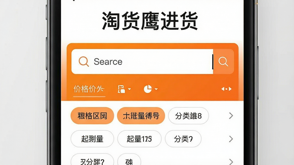 一张手机搜索界面示意图,画面为竖屏手机显示搜索框与筛选条件面板,搜索框内有光标闪烁效果,下方展示筛选标签如价格区间、起批量、分类等,界面风格清爽简洁,以白色和橙色为主,画质清晰,无多余元素,屏幕上方文字写“淘货鹰进货”