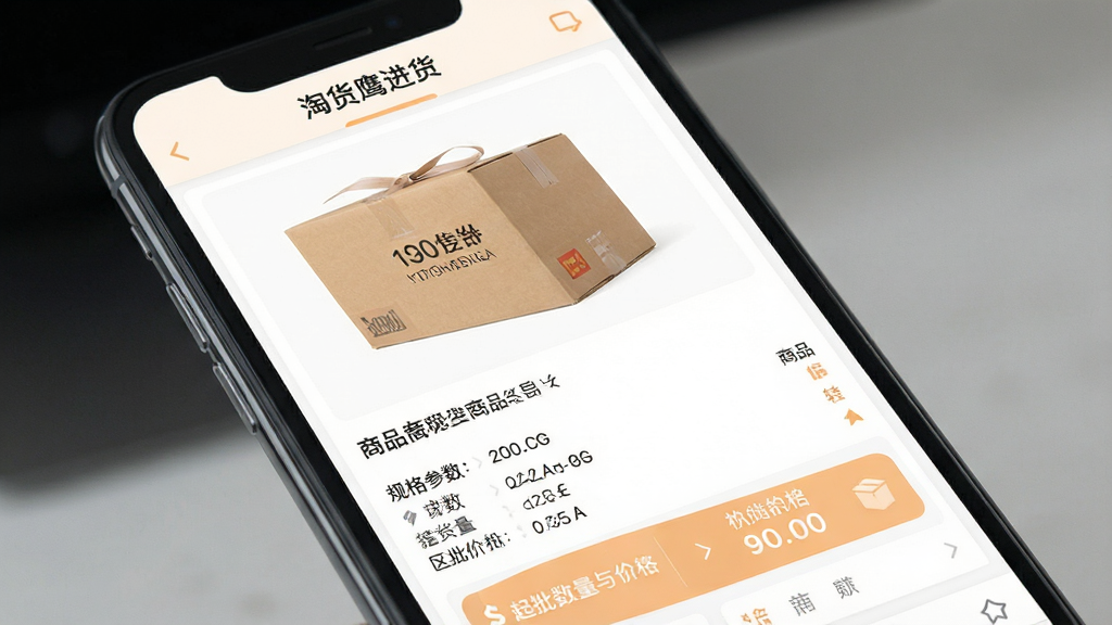 一张商品详情页界面展示图,画面为手机屏幕特写,屏幕内展示商品大图、商品名称、规格参数列表、起批数量与价格信息,页面排版整齐,配色以白色和浅橙色为主,画质清晰干净,无多余元素,屏幕顶部文字写“淘货鹰进货”