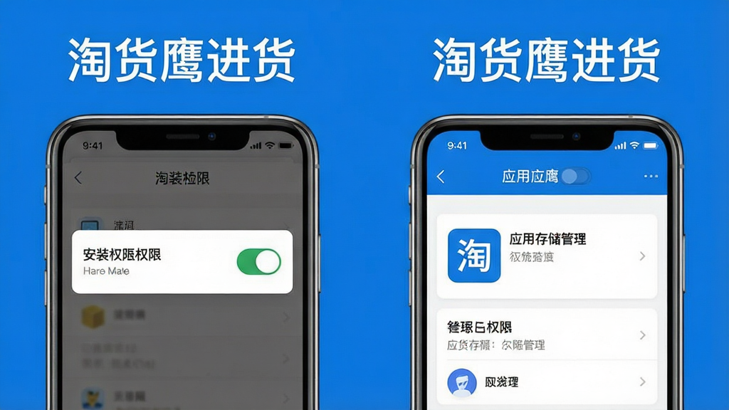 一张手机应用安装与权限设置示意图,画面为两部手机并排展示,左侧手机显示安装权限开关界面,右侧手机显示应用存储管理页面,界面风格简洁,配色以蓝白为主,画质清晰干净,无多余元素,屏幕上方文字写“淘货鹰进货”