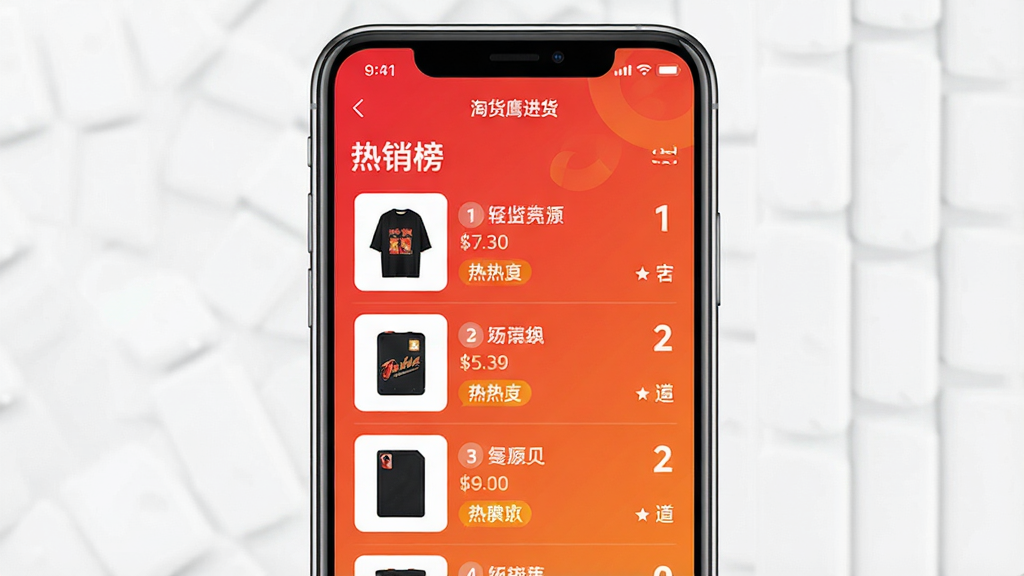 一张手机端热销排行榜界面图,画面为竖屏手机显示商品排行列表,每条包含商品缩略图、名称、排名序号和热度标签,列表顶部有“热销榜”字样,配色以红橙渐变为主,背景简洁,画质清晰,无杂乱元素,屏幕上方写“淘货鹰进货”