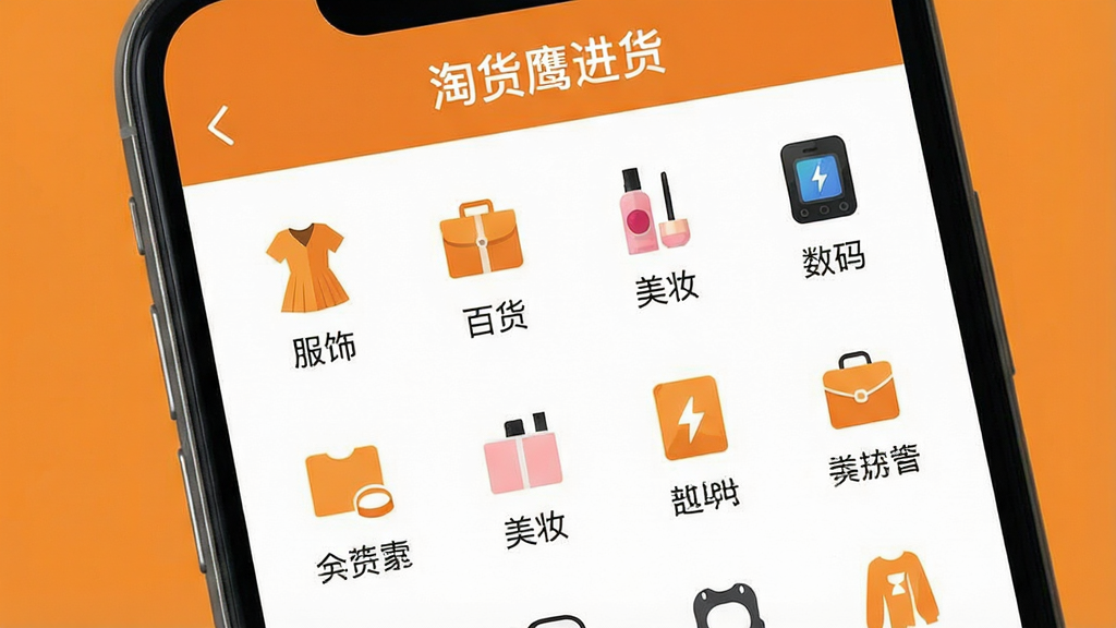 一张电商APP商品分类页面的场景图,画面为手机屏幕特写,屏幕中展示多行商品分类图标与文字标签,包括服饰、百货、美妆、数码等分类入口,每个分类配有简洁的扁平化小图标,界面以暖橙色为主色调,背景干净整洁,画质清晰,无多余装饰元素,屏幕顶部文字写“淘货鹰进货”
