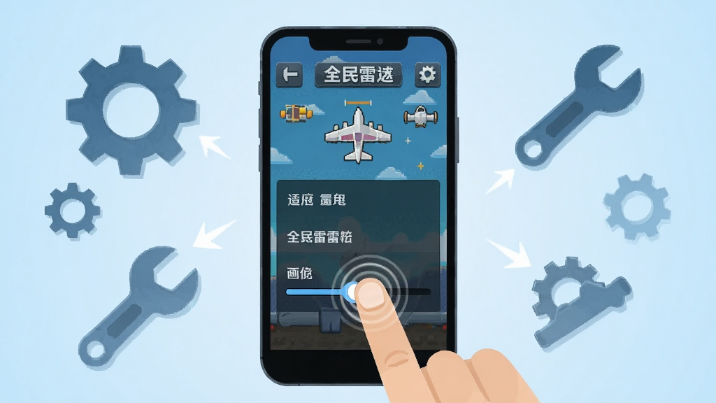 主体为一部智能手机屏幕显示飞机大战之全民雷电的设置界面,画面中手指正在点击画质调节滑杆,布局为手机居中展示周围环绕齿轮与扳手图标,排版简洁突出操作指引,风格为扁平化科技插画风格,细节包括屏幕内清晰可见的设置选项列表、手指按压的触控波纹、背景淡蓝色渐变,画质干净清爽、无多余元素,画面中不出现任何文字