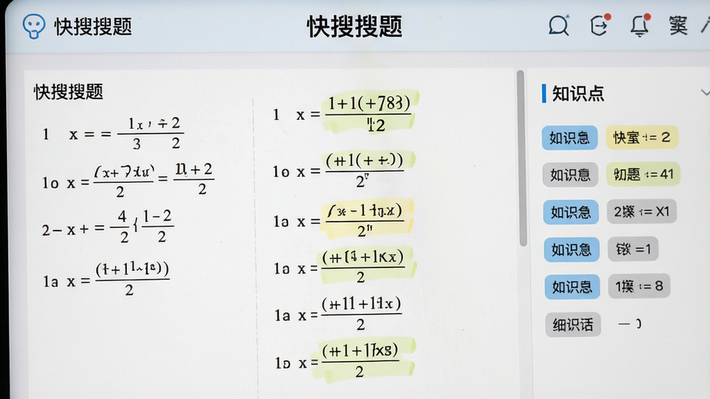 “快搜搜题”解析页面特写,屏幕中央显示数学题分步解答过程,左侧为题目原图,右侧为知识点标签,布局左右分栏,风格清爽教育风,细节包含公式、步骤编号与高亮标记,画质清晰干净无多余元素