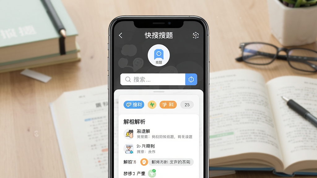 手机屏幕中央展示“快搜搜题”应用界面,顶部为拍照搜题按钮,下方为题目解析卡片,背景为书桌与课本,布局简洁对称,风格清新扁平化,细节包含搜索框、学科图标与解析步骤,画质清晰干净无多余元素