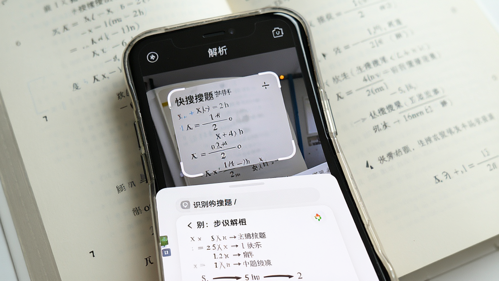 手机界面展示“快搜搜题”拍照搜题功能,取景框对准数学题目,屏幕下方弹出识别结果与解析步骤,主体为手机与课本,布局上下结构,风格明亮简约,细节包含对焦框、识别文字与解析卡片,画质清晰干净无多余元素