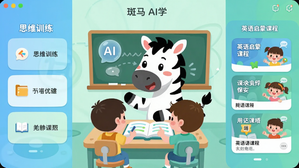 斑马AI学软件主界面全貌展示,画面中央是卡通斑马形象与儿童互动学习场景,左侧为思维训练模块入口,右侧为英语启蒙课程卡片,整体采用明亮柔和的蓝绿配色,扁平化插画风格,布局清晰、层次分明,突出AI智能学习氛围,画质高清、干净无多余元素