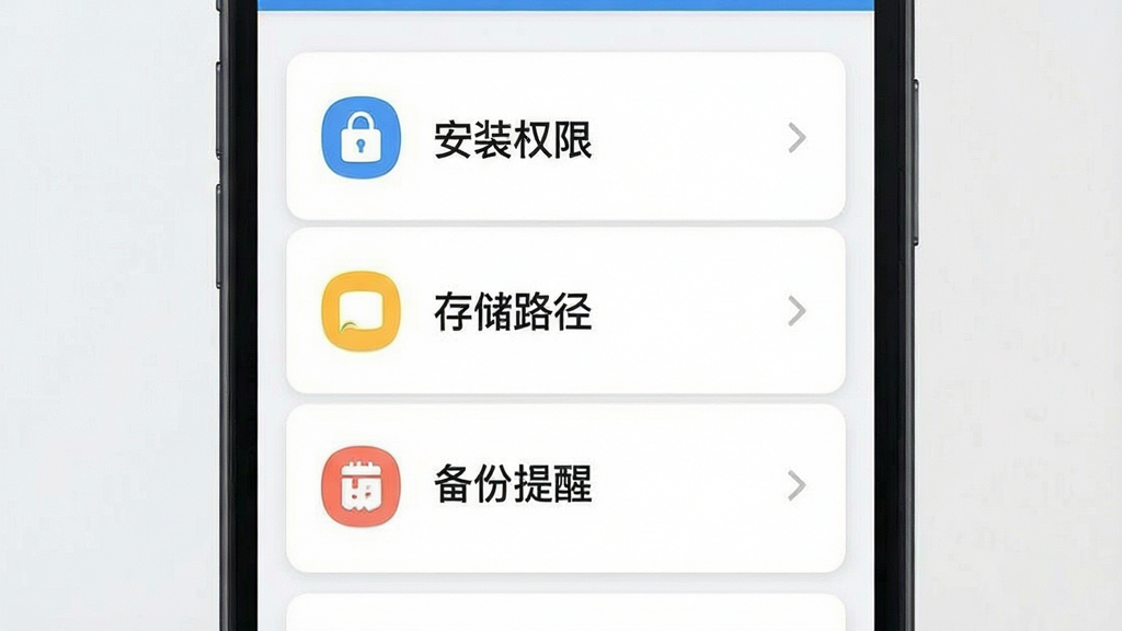 一张展示迅捷PDF编辑器新手使用注意事项的提示卡片图,画面为手机屏幕样式,屏幕内以列表形式呈现安装权限、存储路径、备份提醒等文字条目,每条前面配有对应小图标,布局为垂直列表居中排列,风格为清新卡片式UI风,细节上列表项有浅色分隔线、图标颜色各异、整体清爽整洁,画质清晰、干净、无多余元素