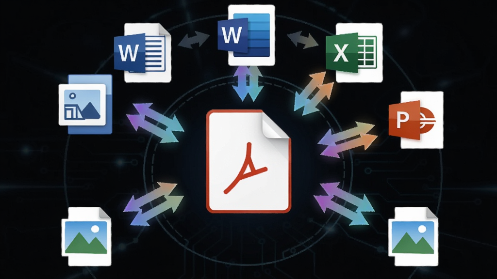 一张展示迅捷PDF编辑器格式转换功能的示意图,画面中央为PDF文件图标,四周发散出Word、Excel、PPT、图片等格式图标,图标之间用双向箭头连接,布局呈放射状环形构图,风格为简约科技风,细节上各格式图标带有品牌色标识、箭头有渐变光效,画质清晰、干净、无多余元素