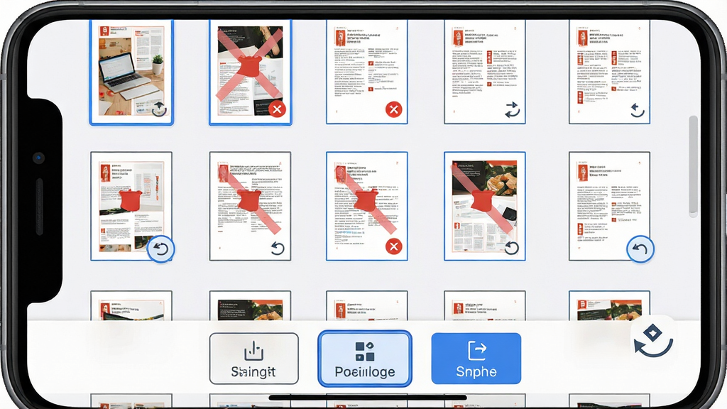 一张展示迅捷PDF编辑器页面管理功能的界面示意图,画面为手机屏幕特写,屏幕内显示PDF页面缩略图网格排列,部分页面带有删除标记和旋转箭头,底部工具栏有插入、合并、拆分等按钮,布局为上下结构、网格居中,风格为清爽扁平UI风,细节上缩略图清晰、按钮图标简洁、选中状态有蓝色描边,画质清晰、干净、无多余元素