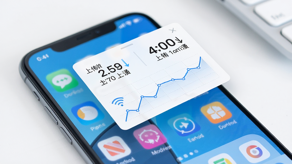 一张表现WiFi极速通实时网速监控功能的图片,画面中一部手机屏幕上方显示悬浮窗,悬浮窗内包含上传下载速度数值和小型折线图,背景为手机桌面场景,整体风格轻量简洁,配色以白色和蓝色为主,画质清晰,布局干净不杂乱