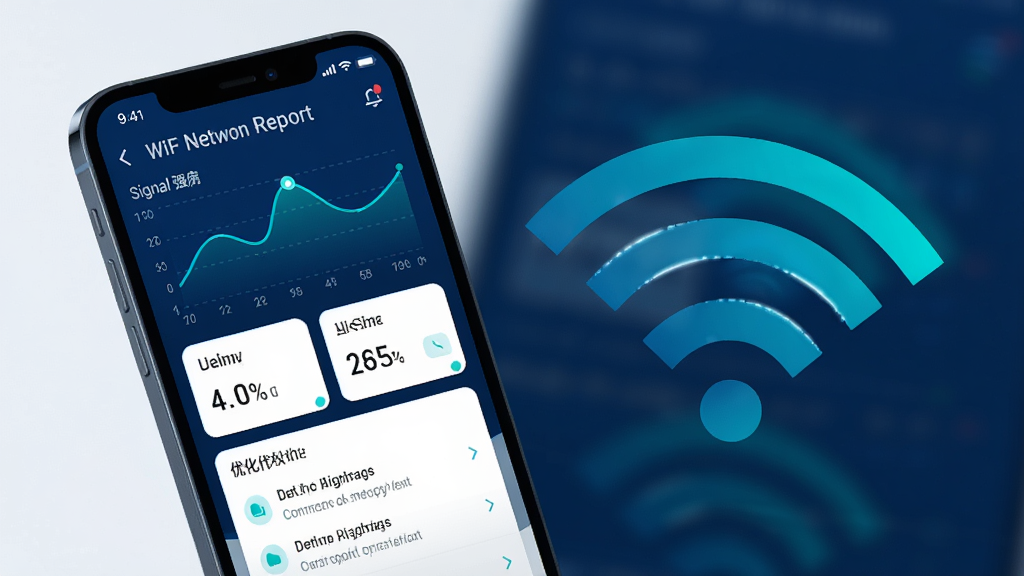 一张表现WiFi极速通智能诊断功能的场景图,画面中一部手机屏幕显示网络诊断报告,包含信号强度曲线、延迟数据卡片和优化建议列表,旁边搭配抽象的WiFi信号波纹图形,整体风格科技感十足,配色以深蓝和青色为主,布局简洁明了,画质高清,干净无杂乱元素