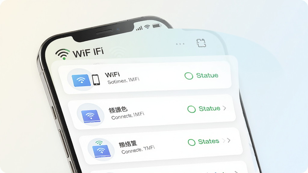 一张展示WiFi极速通设备管理界面的图片,画面中手机屏幕显示已连接设备列表,包含设备图标、名称和连接状态标识,界面采用卡片式布局,配色清新淡雅,背景为浅色渐变,整体风格简洁有序,画质高清,适合软件功能介绍配图使用