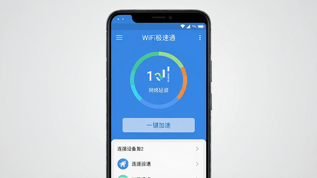 一张展示WiFi极速通软件主界面的手机截图风格图片,画面中央是一部竖屏安卓手机,手机屏幕上显示WiFi极速通应用界面,包含信号强度环形图、网络延迟数值、一键加速按钮和连接设备列表,界面配色以蓝色和白色为主,风格清爽简洁,背景为浅灰色渐变,整体干净无多余元素,画质清晰,适合软件下载站展示使用