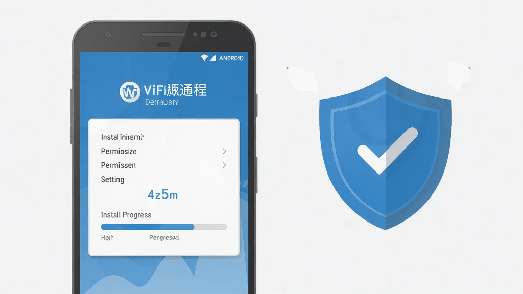 一张展示安卓手机安装WiFi极速通过程的示意图,画面中手机屏幕显示安装权限设置页面和安装进度条,旁边配有盾牌图标象征安全防护,整体风格扁平化设计,配色以蓝色和灰色为主,布局清晰直观,画质干净,适合教程类配图使用