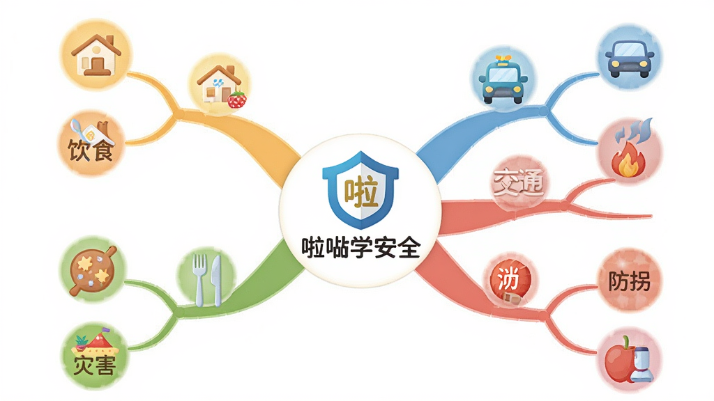 一幅卡通风格的知识图谱插画,画面中心为“啦学安全”标志,向外发散出六条彩色分支分别对应居家、交通、消防、防拐、灾害、饮食主题图标,布局采用思维导图式放射构图,排版清晰有序,风格为简洁的扁平化信息图,细节包括圆润的图标造型、柔和的色彩过渡、清晰的连接线条,画质干净无杂乱元素