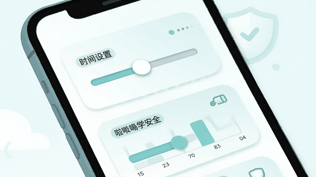一幅卡通风格的家长控制面板示意图,画面主体为手机屏幕内显示时间设置滑块和进度图表,布局采用纵向卡片式排版,风格为清新简约的扁平设计,细节包括圆角卡片、柔和的蓝绿色调、简洁的图标与文字标签,画质干净整洁,画面中带有“啦学安全”文字,无多余元素