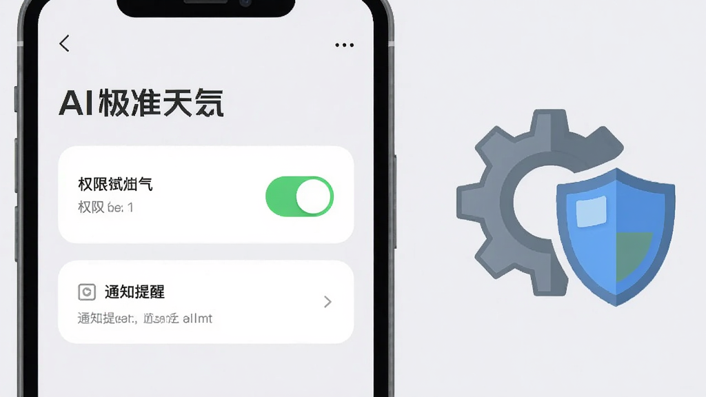 主体为一部手机屏幕展示“AI极准天气”设置页面,页面中包含权限开关与通知提醒选项;布局为手机正面平铺,旁边放置一个齿轮与盾牌组合图标;排版为左右结构;风格为扁平化说明图;细节包含清晰的开关状态、圆角卡片、浅灰背景;画质高清,画面干净,无多余元素