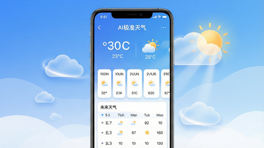 主体为一部竖屏安卓手机,屏幕中央展示“AI极准天气”应用首页界面,布局上方为当前温度与天气图标,中部为逐小时预报横向卡片,下方为未来七天趋势列表;排版采用居中对称构图,手机两侧漂浮半透明云朵与太阳光线元素;风格为清爽科技感UI展示图,蓝白渐变背景;细节包含细腻的图标阴影、圆角卡片、柔和光晕;画质高清,画面干净,无多余元素,无杂乱文字