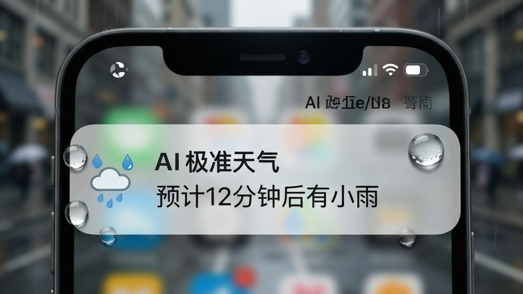 主体为手机通知栏弹出“AI极准天气”降水提醒卡片的特写画面,卡片上显示雨滴图标与“预计12分钟后有小雨”字样;布局为手机顶部局部放大,背景为模糊的城市街道;排版突出通知卡片;风格为写实生活场景;细节包含雨滴反光、卡片圆角阴影、通知栏图标;画质清晰,画面干净,无多余元素