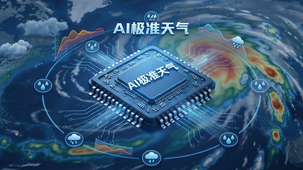 主体为一块悬浮的智能芯片与气象云图融合的视觉画面,芯片上方标注“AI极准天气”字样;布局为芯片居中、四周环绕温度曲线与雨滴图标;排版采用放射状构图;风格为科技蓝调写实渲染;细节包含芯片电路纹理、半透明数据流、云层层次感;画质高清,画面干净,无多余元素