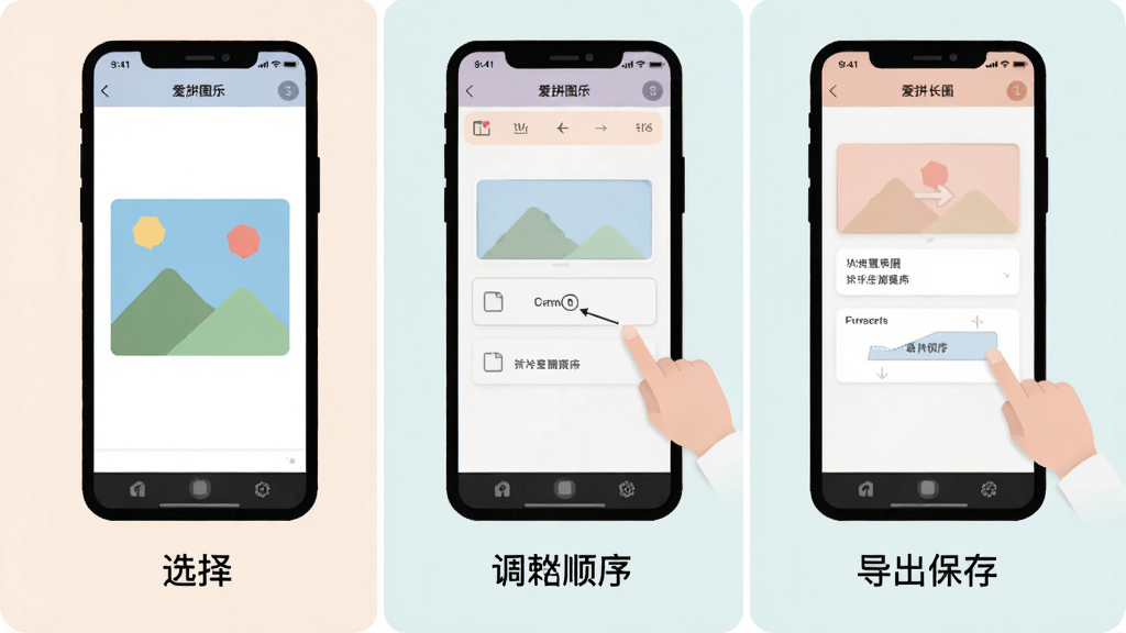 一张展示爱拼长图操作步骤的示意图,画面分为三个并列的小场景,分别展示选择图片、调整顺序和导出保存的界面,每个场景下方有简短的文字标注,整体风格扁平化,色彩柔和,画质干净清晰