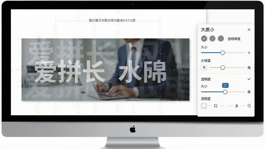 一张展示爱拼长图水印功能的示意图,画面中一张拼接好的长图上显示半透明的文字水印,旁边有调节水印大小和透明度的控制面板,整体布局清晰,风格商务简洁,画质干净,文字内容清晰可辨