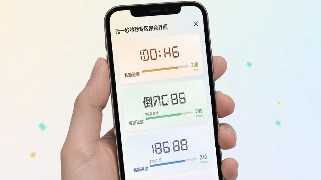一元一秒秒杀专区聚合界面,手机屏幕中展示多张活动卡片纵向排列,每张卡片带有倒计时数字和名额进度条,背景为浅色渐变,风格简洁明快,细节清晰,画质干净,无多余元素