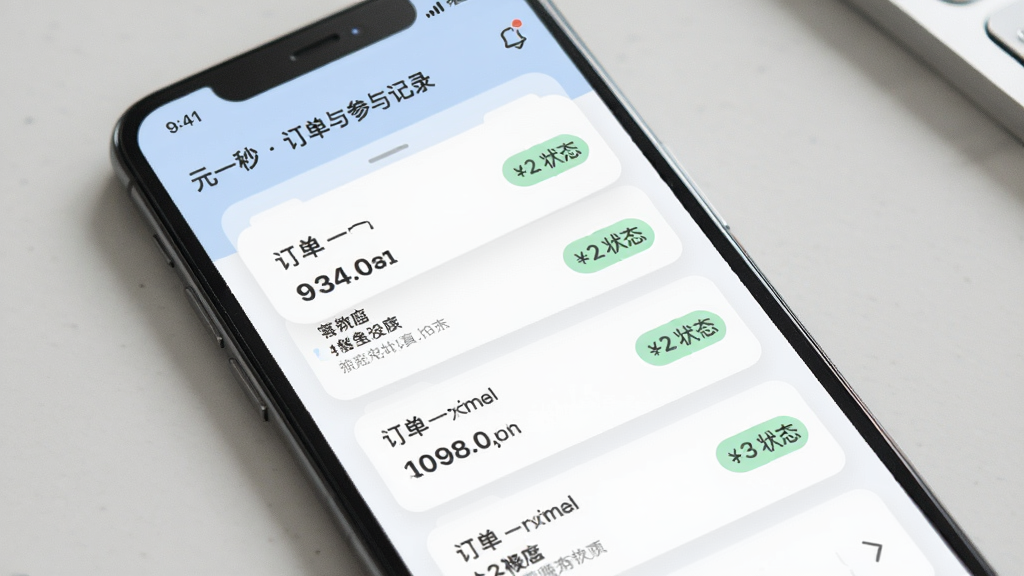 一元一秒订单与参与记录页面,手机屏幕显示订单列表与状态标签,界面采用卡片式布局,配色柔和,风格干净利落,细节清晰,画质干净,无多余元素