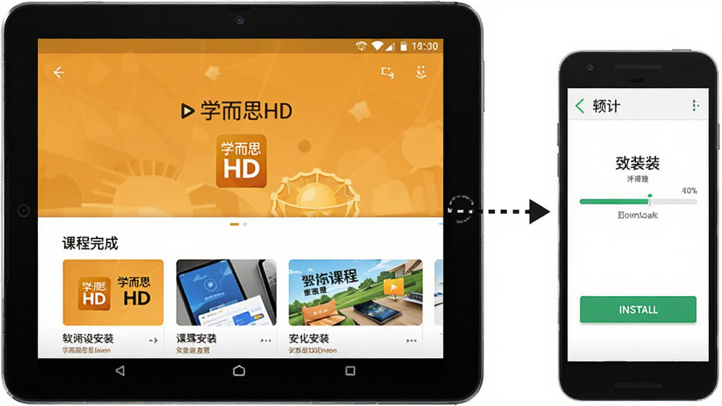 一张表现软件下载安装流程的图片,画面为一部安卓平板与一部手机并排摆放,平板屏幕上显示