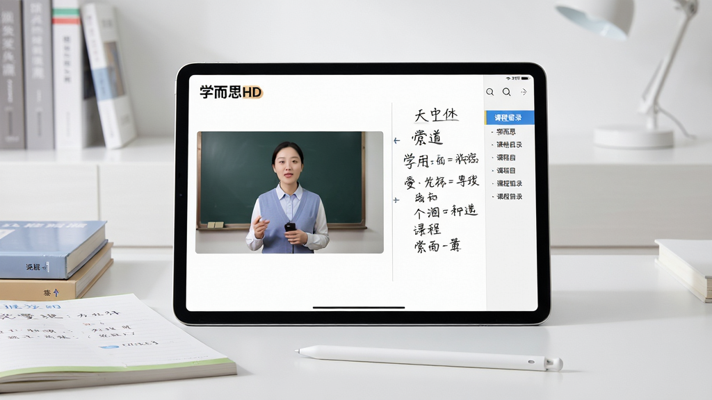 一张展示在线学习场景的图片,画面中央是一台横放的平板电脑,屏幕上显示
