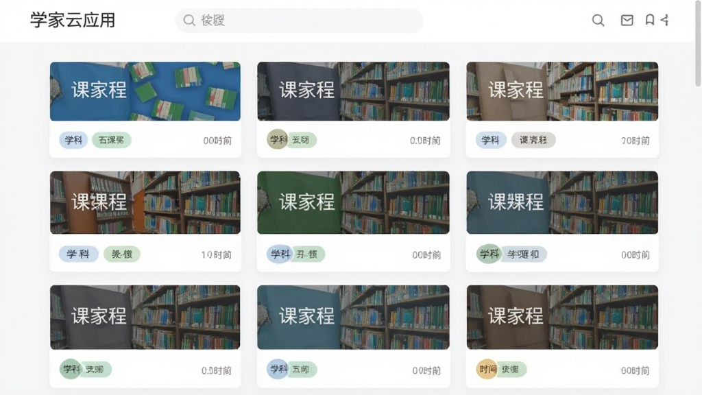 主体为学家云应用课程列表页面,布局为纵向排列的课程卡片,排版整齐有序,风格为简洁扁平化设计,细节包含课程封面、学科标签与时间状态标识,画质清晰干净无多余元素