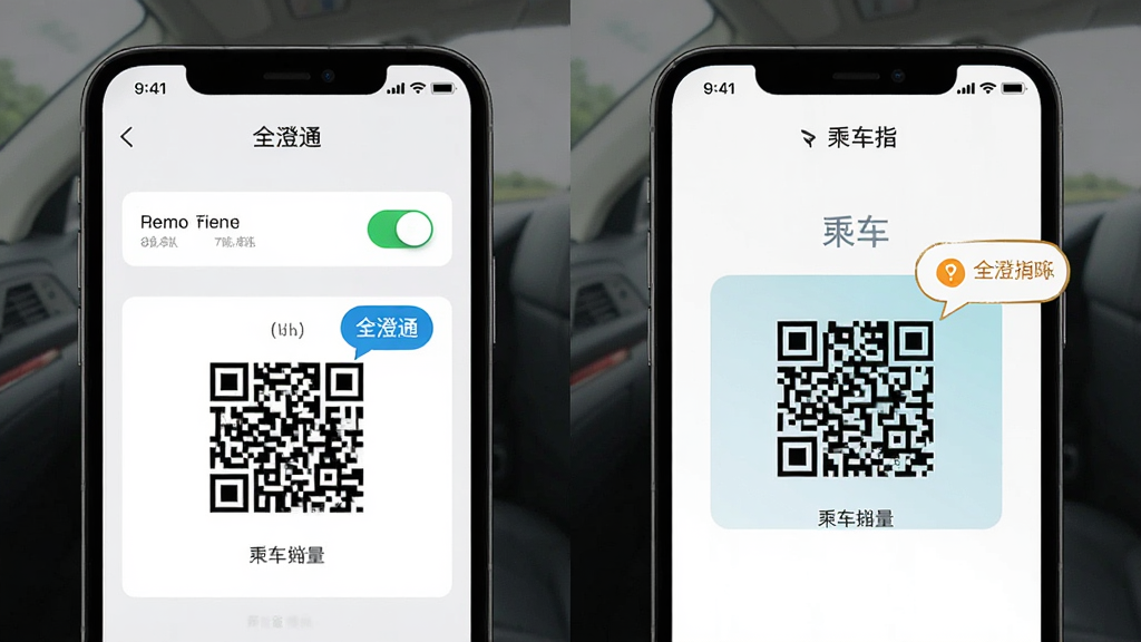 主体为手机屏幕展示权限设置页面与乘车码界面并列布局,排版采用左右分栏对比,风格为写实操作指引风,细节包括权限开关图标、二维码、提示气泡,画质清晰,干净无多余元素,画面文字标注“全澄通”