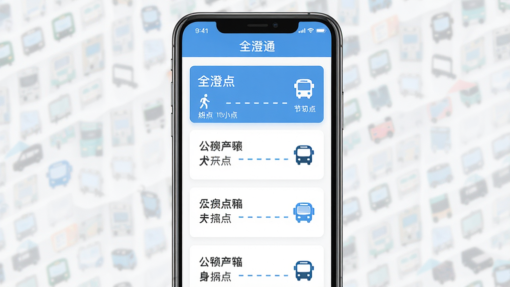 画面中心为手机屏幕展示公交线路规划结果,主体是路线卡片与换乘节点图标,布局采用纵向列表排列,排版清晰留白充足,风格为扁平化清新蓝白配色,细节包括起点终点标记、步行虚线、公交车辆小图标,画质细腻,干净整洁无杂乱元素,屏幕内文字“全澄通”
