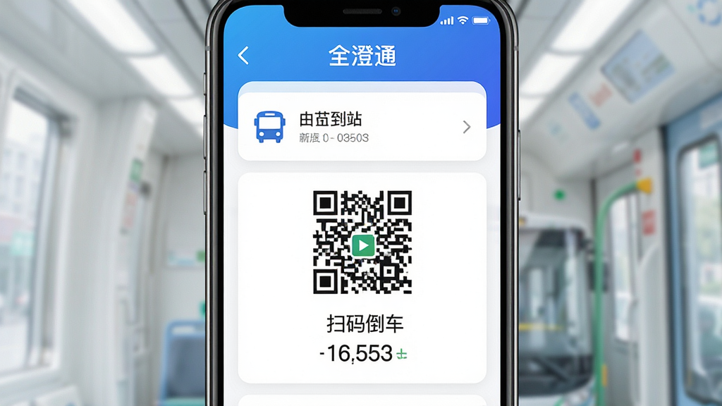 主体为一部智能手机居中展示,屏幕内呈现公交到站列表与扫码乘车界面,布局采用上下分层结构,上方为蓝色渐变标题栏,下方为白色卡片式信息流,排版整齐有序,风格为简洁现代科技风,细节包括公交图标、二维码、到站倒计时数字,画质高清,干净无多余元素,画面中文字标注“全澄通”
