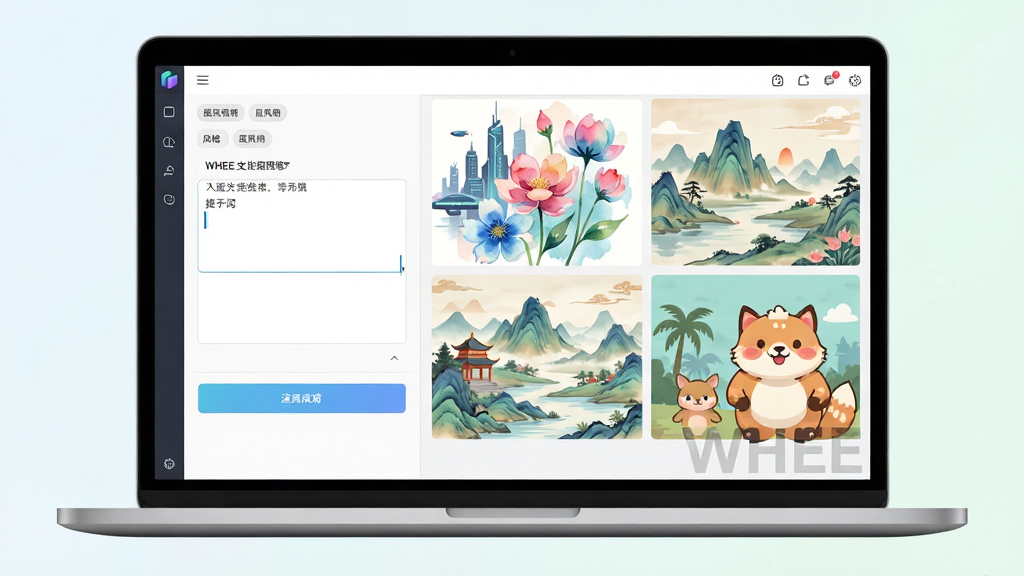画面主体是一台打开的笔记本电脑,屏幕上显示WHEE文生图工作区,左侧是中文提示词输入框,右侧并排展示四张由文字生成的风格化插画,分别是科幻城市、水彩花卉、国风山水与卡通动物;布局为电脑居中、屏幕内容占画面主体;排版上软件名称“WHEE”以半透明水印形式出现在屏幕右下角;风格为现代扁平插画风,色调清爽;细节包括输入框光标、生成按钮、风格标签;画质高清、干净、无多余元素。