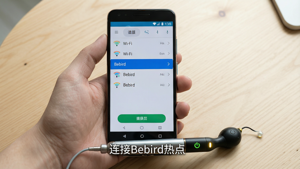 ��������Ϊһֻ���ճְ�׿�ֻ����ֻ���Ļ����ʾWi-Fi�����б����б��и�����ʾ��Bebird���ȵ����ƣ��ֻ��Ա߷���һ֧�����ķ���ɶ�����ָʾ�����𣬲���Ϊ�ֻ����С��ɶ���������ֻ��·����Ű���ֱ�ۣ����Ϊ������ʾʵ�ķ磬ϸ�ڰ����ֻ���Ļ�ϵ����Ӱ�ť���ɶ�����Դָʾ��΢�⣬�����д����֡�����Bebird�ȵ㡱������������Ȼ������Ϊǳľɫ���棬�ɾ���������Ʒ