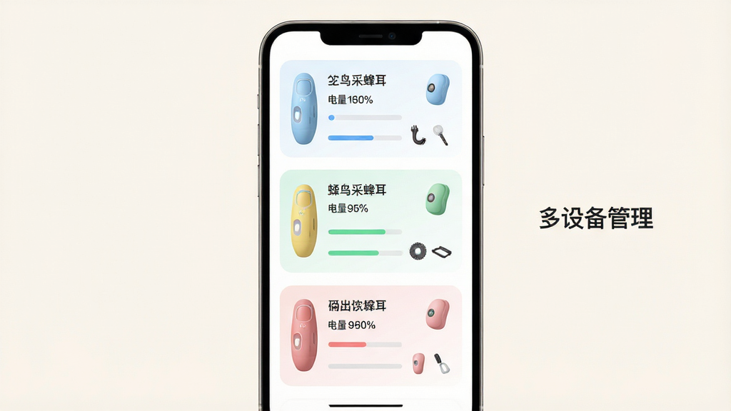 ��������Ϊ�ֻ�App�豸�������棬��Ļ���Կ�Ƭ��ʽ������̨��ͬ��ɫ�ķ���ɶ��豸��ÿ�ſ�Ƭ�����豸���ơ������ٷֱȺ����ͼ�꣬����Ϊ��Ƭ�������о��У��Ű��������׾��ȣ����Ϊ���±�ƽ��UIչʾ�磬ϸ�ڰ�����ƬԲ�ǡ����������������Сͼ�꣬�����д����֡����豸�����������ʸ���ɾ�������Ϊǳɫ��ɫ���޶���װ��Ԫ��