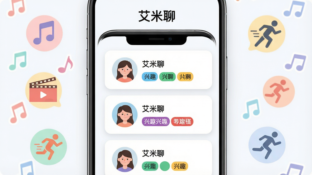 画面主体是手机屏幕展示“艾米聊”的兴趣匹配卡片列表,每张卡片上有头像、昵称与兴趣标签;布局为纵向卡片流,手机居中,背景点缀兴趣图标如音乐、电影、运动符号;排版清晰,顶部标注“艾米聊”品牌字样;风格为清新浅色扁平插画;细节上卡片圆角柔和、标签色彩区分明显、头像占位自然;画质高清,画面干净,无多余元素