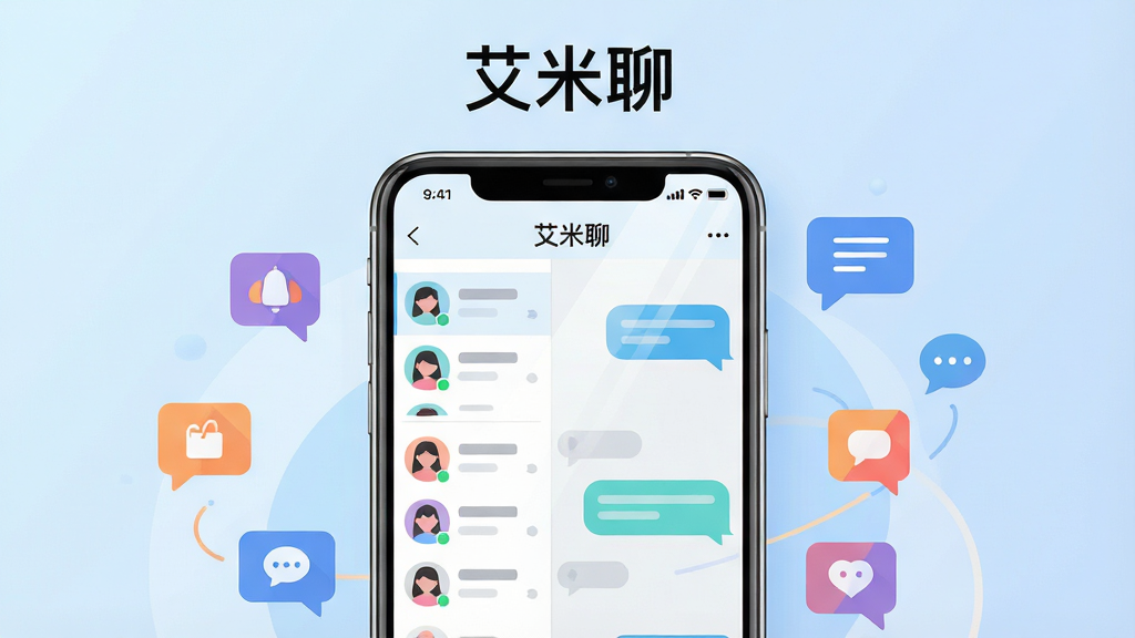 画面主体是一部竖屏智能手机,屏幕中央显示“艾米聊”聊天界面,左侧是联系人列表,右侧是对话气泡,手机周围环绕着抽象的社交图标与对话符号;布局采用居中构图,手机占据画面视觉中心,背景为柔和的渐变浅蓝色;排版干净,顶部留白放置软件名称“艾米聊”;风格为现代扁平化UI插画风,色彩清爽明亮;细节上气泡圆润、图标线条简洁、屏幕反光自然;画质高清,画面干净,无多余元素