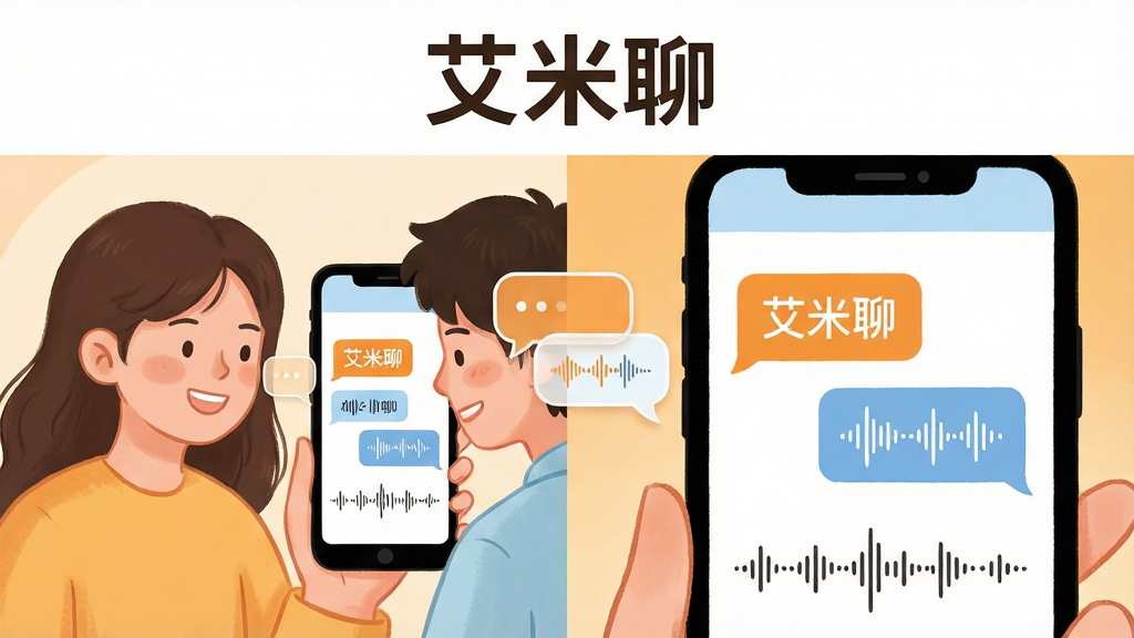 画面主体是两位年轻人隔着手机屏幕微笑交谈,手机屏幕内显示“艾米聊”的对话气泡与语音波形;布局为左右分屏,左侧人物、右侧屏幕特写,中间以对话气泡连接;排版简洁,上方留出空间放置“艾米聊”字样;风格为温暖治愈系插画,色调以橙黄与浅蓝为主;细节包括柔和的人物轮廓、清晰的聊天气泡、自然的语音波形线条;画质清晰,画面干净,无多余元素