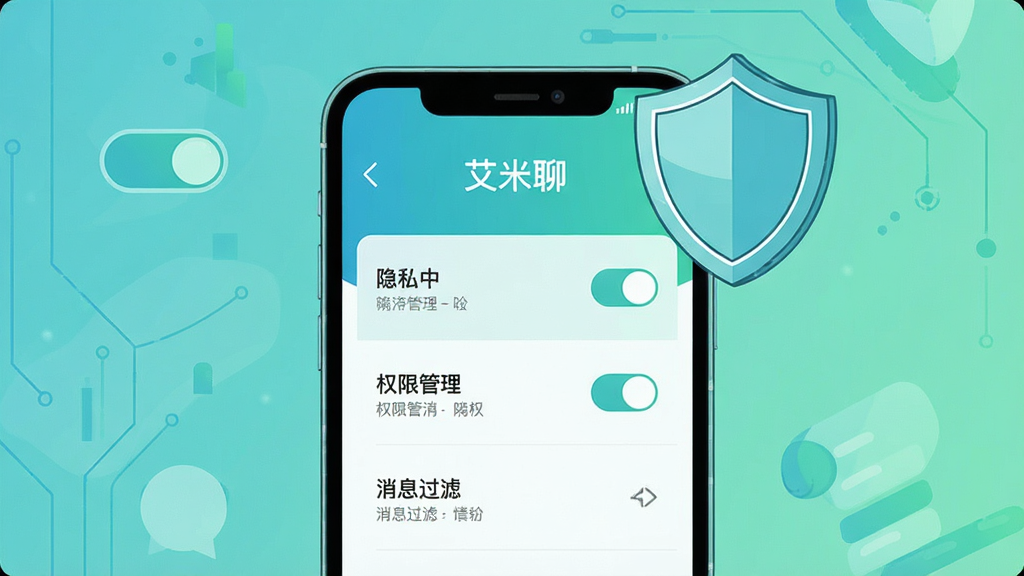 画面主体是“艾米聊”隐私设置界面,屏幕显示隐私开关、权限管理、消息过滤等选项列表,旁边配有一个盾牌图标象征安全保护;布局为手机居中,盾牌图标悬浮于手机右上角;排版规整,顶部有“艾米聊”字样;风格为简约科技感扁平插画,主色调为蓝绿;细节上开关控件清晰、盾牌线条利落、列表层次分明;画质高清,画面干净,无多余元素
