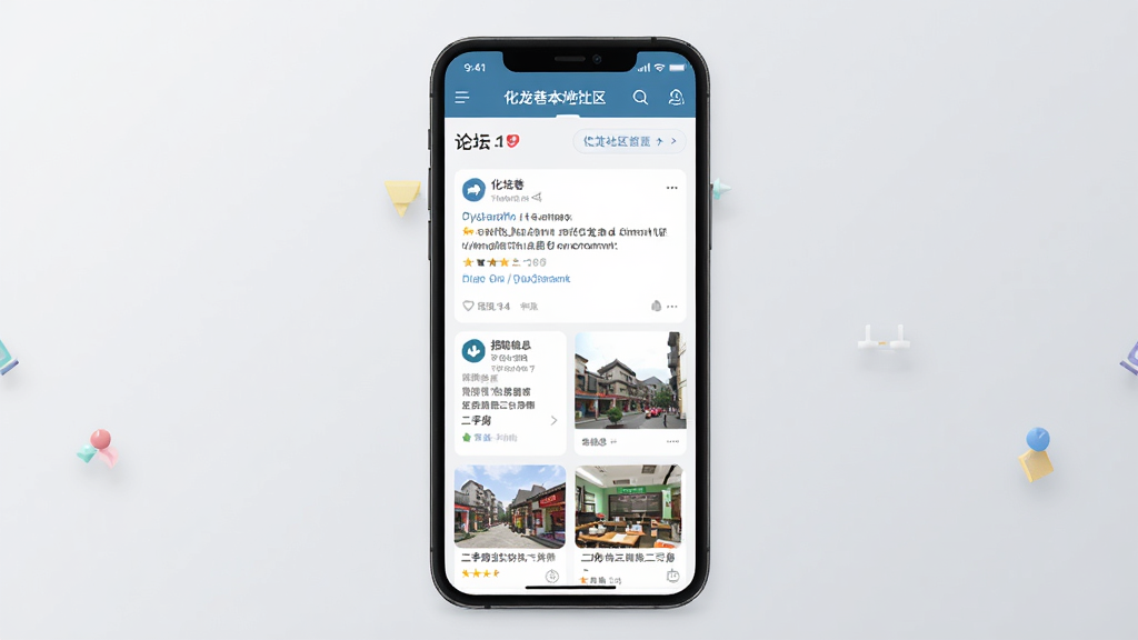 主体为一部智能手机居中展示,屏幕内呈现化龙巷本地社区首页界面,布局为顶部导航栏加信息流卡片,排版整齐有序,风格为现代简洁的扁平化设计,细节包含论坛帖子列表、招聘信息卡片、二手房缩略图等元素,画质清晰锐利,画面干净,无多余元素,背景为淡雅的浅灰色渐变