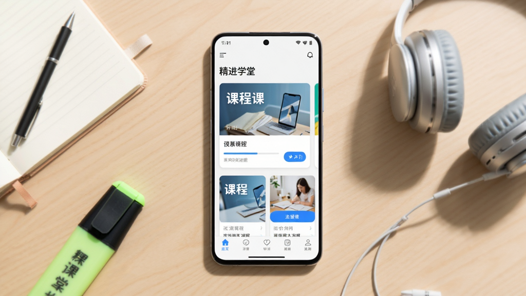 主体为一部竖屏安卓手机,屏幕上展示“精进学堂”在线学习应用首页界面,包含课程卡片与底部导航栏;布局为手机居中放置于浅色木质桌面,周围散落笔记本、荧光笔与耳机;排版简洁,上方留白;风格为清新明亮的科技教育风;细节包含屏幕内课程缩略图、进度条与按钮图标,桌面有柔和阴影;画质高清,干净,无多余元素