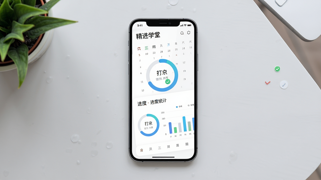 主体为“精进学堂”学习计划页面,手机屏幕显示日历打卡与进度统计图表;布局为手机正面平放,背景是浅灰色桌面与绿植一角;排版居中对称;风格为简约数据可视化风;细节包含环形进度条、打卡对勾图标与柱状图;画质高清,干净,无多余元素