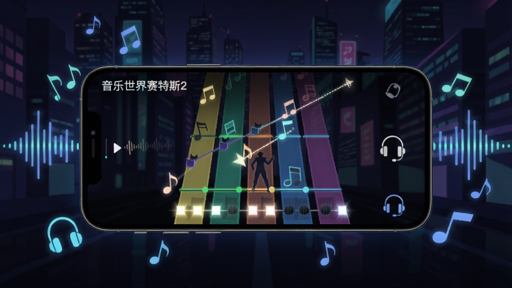 主体为一部横向握持的智能手机,屏幕上显示音乐节奏游戏界面,多条发光判定线纵横交错,音符沿线条滑动,背景是霓虹赛博朋克风格的城市夜景;布局为手机居中,四周环绕发光音符与声波元素;排版简洁突出手机屏幕;风格为未来科技感插画;细节包含屏幕内角色剪影、节拍光效、耳机图标;画质高清、干净、无多余元素,画面中可出现文字