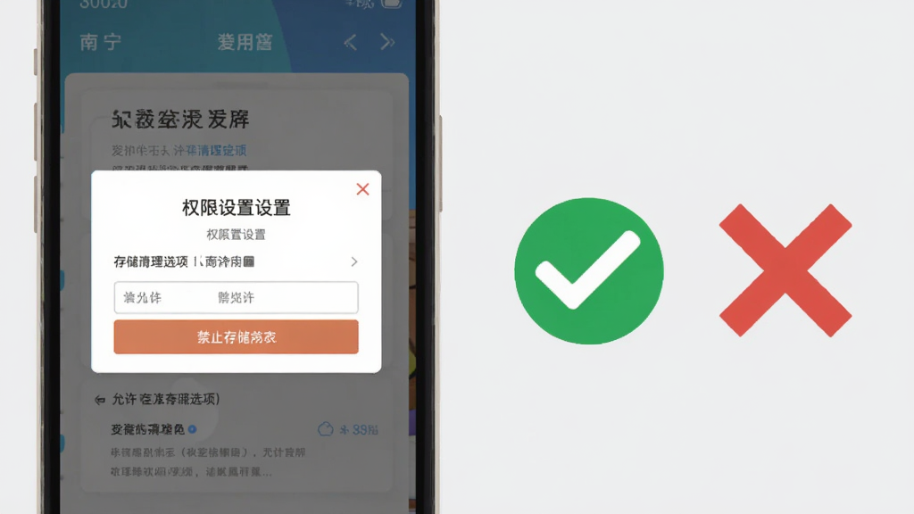 爱南宁应用安装设置界面示意图,画面展示手机屏幕上的权限设置弹窗与存储清理选项,旁边配有对勾与叉号图标示意允许与禁止操作,扁平化插画风格,浅灰背景,布局简洁,高清画质,干净无多余元素