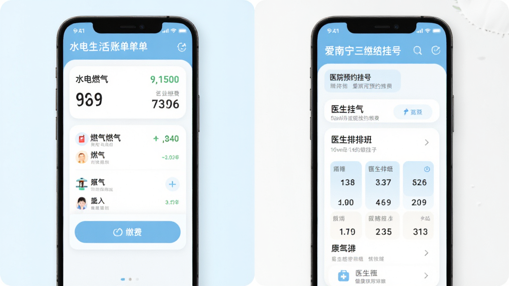 爱南宁应用生活缴费与医疗健康功能展示图,画面分为左右两部分,左侧为水电燃气账单列表与缴费按钮,右侧为医院预约挂号界面与医生排班卡片,界面采用柔和圆角卡片设计,浅色背景,风格清新,高清画质,干净无多余元素