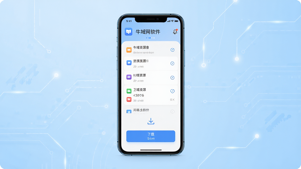 牛域网软件主界面全貌展示,画面中央是手机屏幕,屏幕内呈现简洁的资源分类列表与下载按钮,背景为浅蓝色渐变科技风格,主体突出手机与界面排版,风格清新现代,细节清晰,画质高清,干净无多余元素