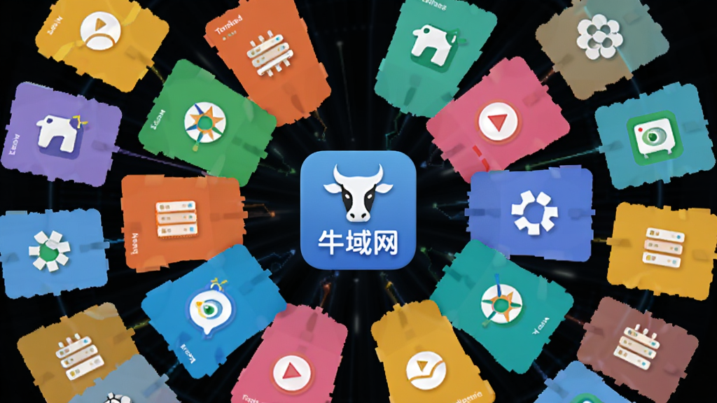 牛域网资源聚合功能展示,画面中多个彩色资源卡片向中心汇聚,中心为牛域网软件图标,布局呈放射状,风格扁平化科技感,细节丰富,画质清晰,干净无多余元素